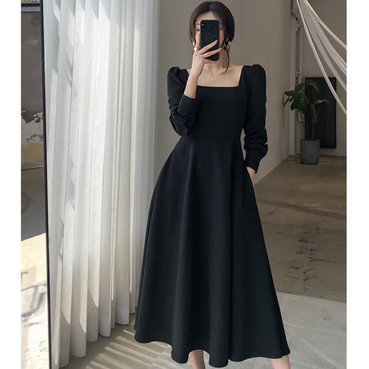 Elegant Show Thin Black Dress Women's Autumn 2024 New Style Long Sleeve French Retro Hepburn Style Square Collar Dress
