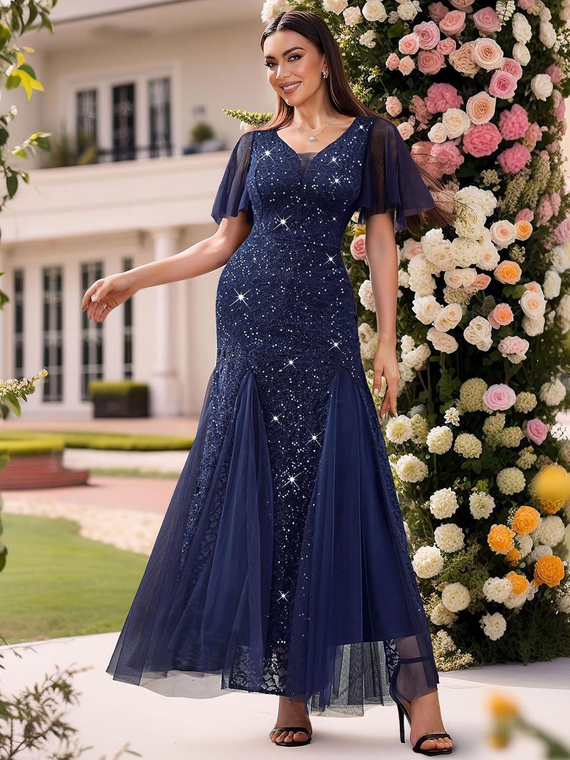 Cross-Border EBay Amazon European and American New Women's V-neck Dress Lace Chiffon Double-Layer Dress Sequined Evening Dress