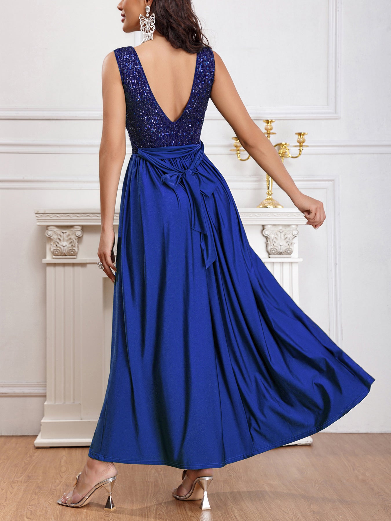 Cross-Border Women's Clothing Amazon New Dress Dress Fashionable Elegant Evening Dress with Belt Stitching Sequined Dress