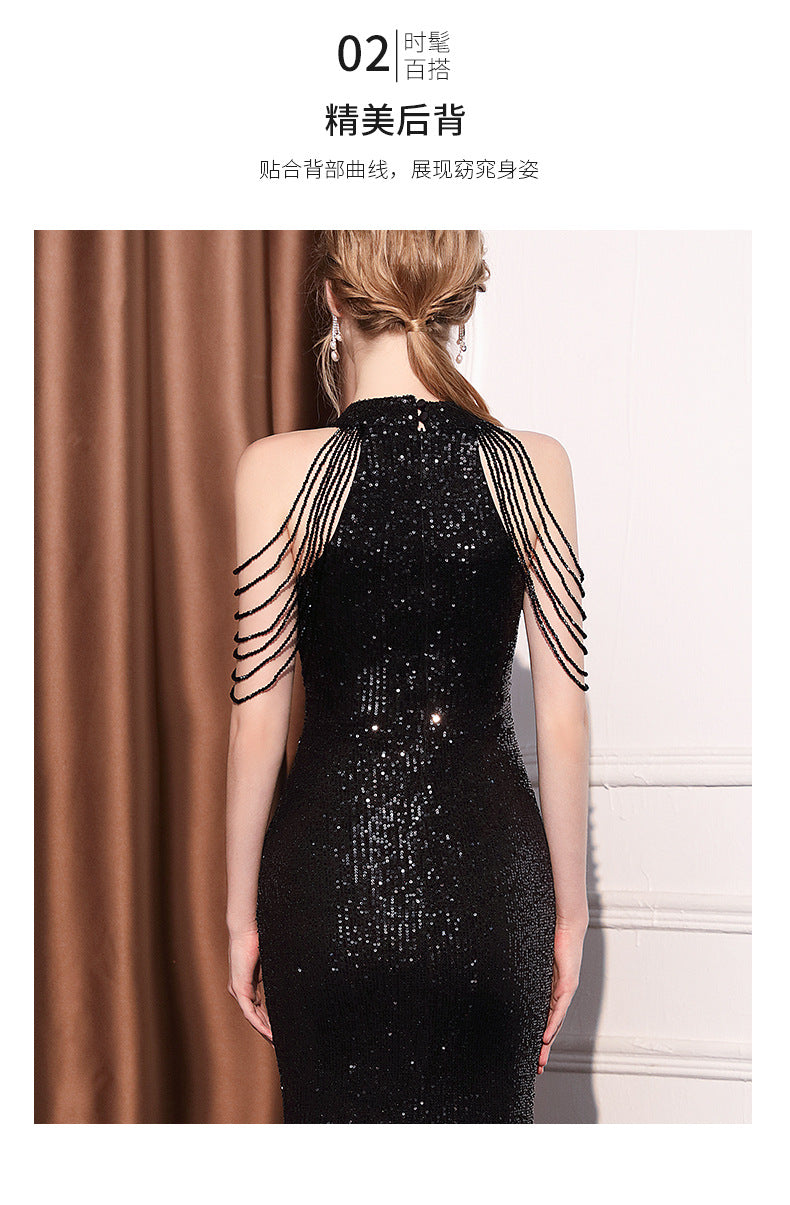Evening Dress for Women Banquet Temperament Simple and Light Luxury Niche High-End Hepburn Style Sequined Halter Long Fish Tail Dress