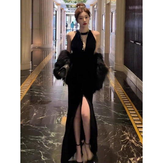 Evening Dress Light Luxury Minority High-End Temperament Socialite Hepburn Wind Black Pure Desire Split Sexy Halter Dress