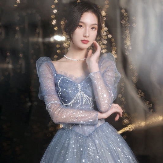 Evening Dress 2024 New Elegant Blue Long Dress Daily Style Grand Host Annual Meeting Fairy Evening Dress