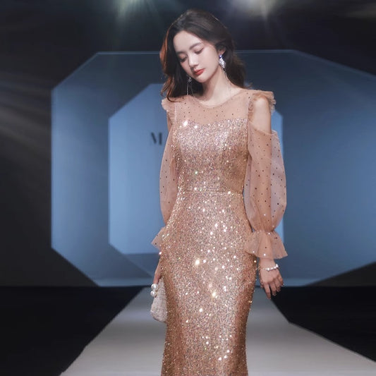 Evening Dress New 2024 Popular Elegant Lady Sequined Fishtail Host's Dress Student Art Exam Dress Summer