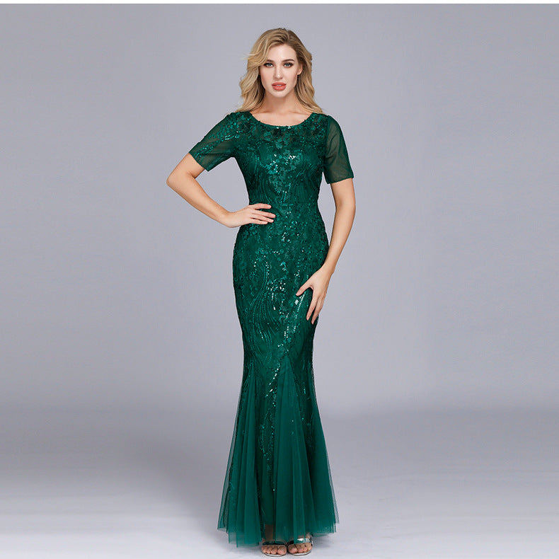 Europe and America Cross Border Amazon Hot Selling plus Size Dress Embroidered Mesh Fishtail Slim-Fit Banquet Evening Dress Fashion