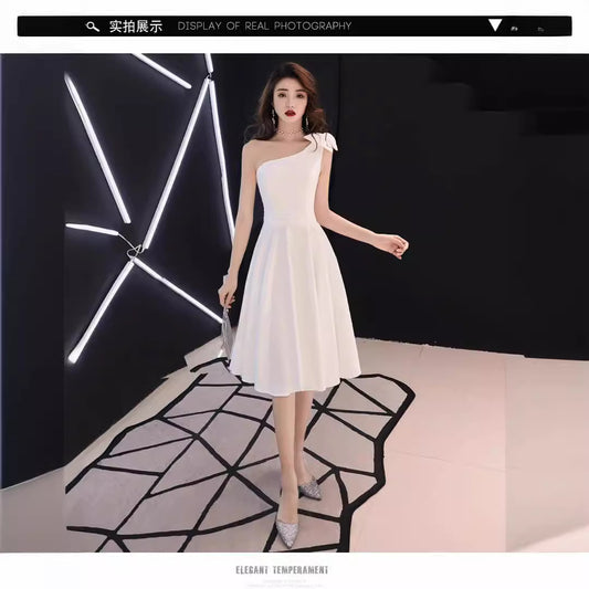 White Off-Shoulder Evening Dress for Petite Women, Elegant High-End Luxury Niche French Style Dress, Suitable for Everyday Wear