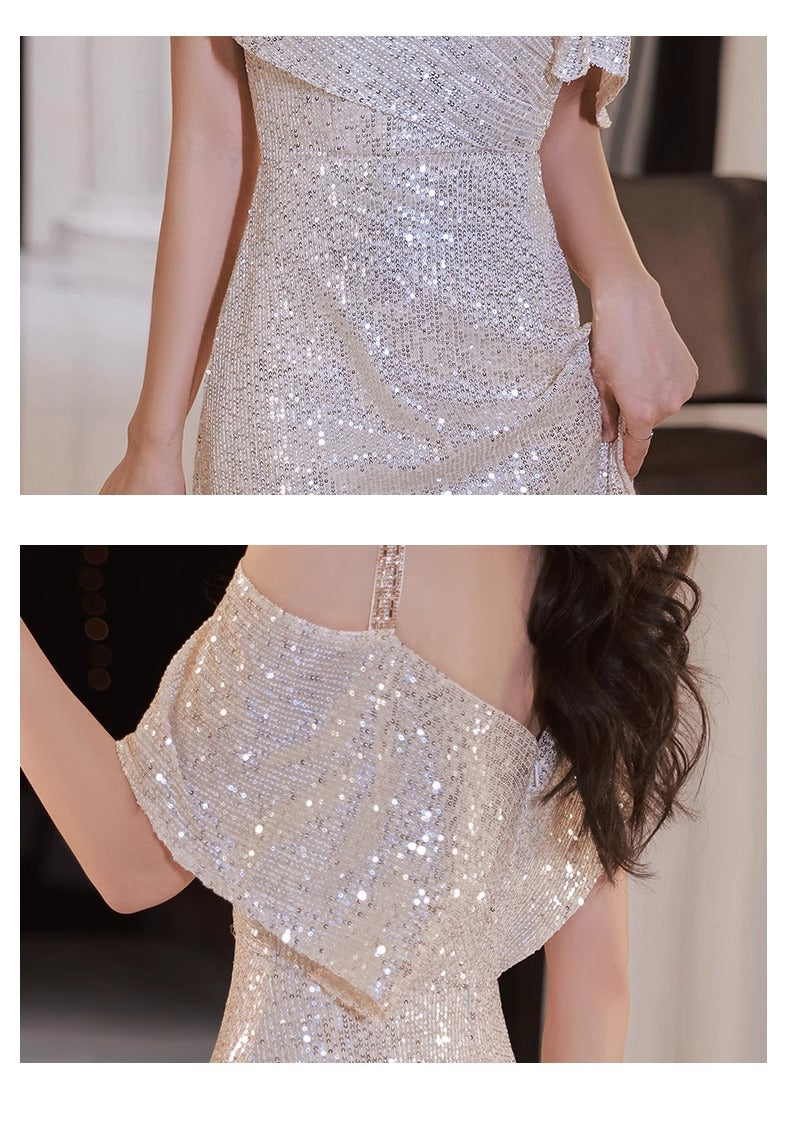 Evening Dress for Women Banquet Temperament French Style High-End Light Luxury Minority Gold Sequined Host Sexy Fishtail Skirt