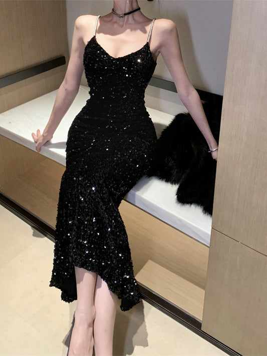French Socialite Sling Dress Women's Autumn and Winter High-Grade Sequined Black Fishtail Skirt Temperament Banquet Evening Dress Dress