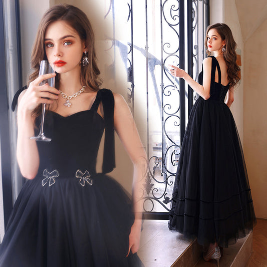 Black Dress 2024 New Bow Suspenders Birthday Party Banquet Performance and Show Art Exam Elegant Evening Dress