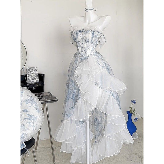 French Blue Floral Strapless Dress Women's Summer Princess Vintage Vintage Lolita Dress