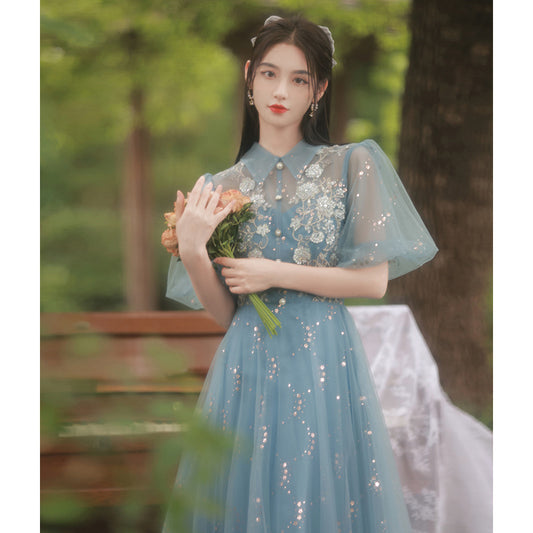 Elegant Evening Dress Dress 2024 New Summer Banquet Blue Vocal Music Art Test Bridesmaid Host Performance Dress for Women
