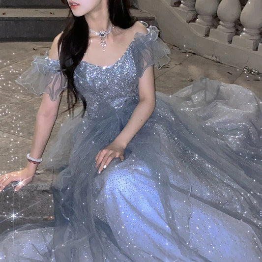 French Princess Escape Evening Dress Super Fairy Blue Student Art Exam Performance Dress off-Shoulder Temperament Bride Toast Dress