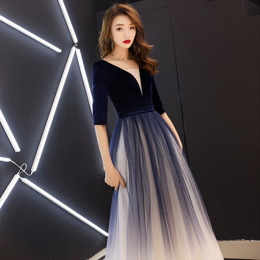 Evening Dress for Women 2024 New Banquet Mid-Sleeve Long Slimming Annual Meeting Socialite Dress Evening Dress for Women Autumn and Winter