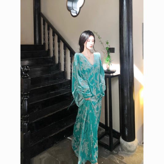 Printed Chinese Style Autumn Western Style Printed Velvet All-Match Loose Long Dress New Skirt Slimming