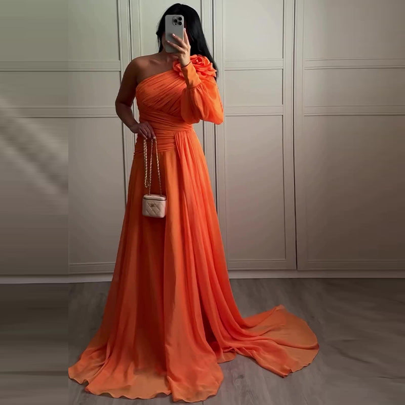 2024 Autumn New Europe and America Cross Border Amazon Cross-Border Women's Clothing Solid Color Socialite Style Temperament Slim-Fit Evening Dress