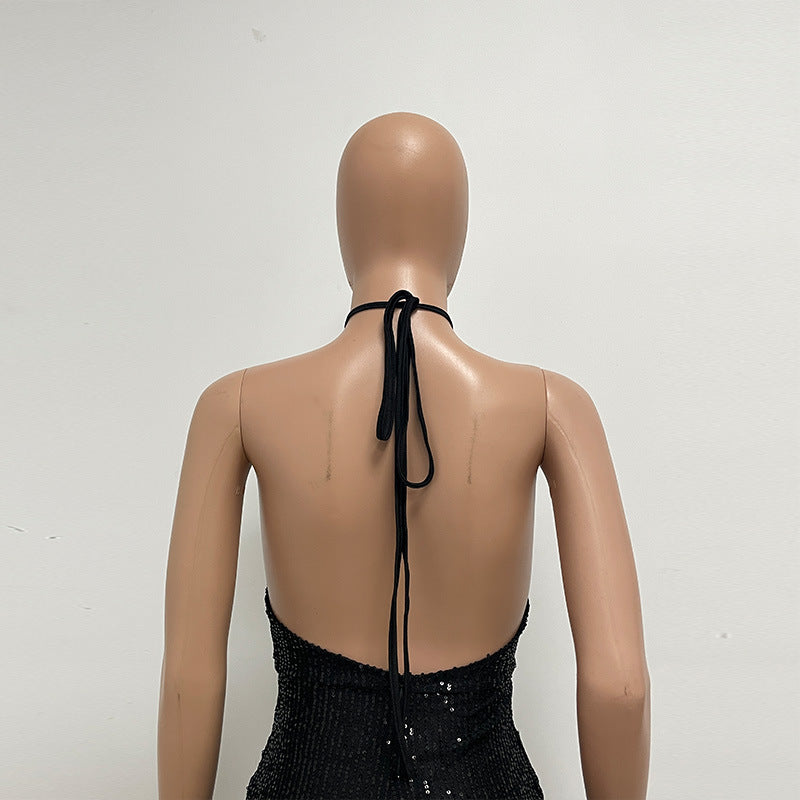 Amazon Women's Sleeveless Hot Girl French Dress Cross-Border Split Sequined Hanging Collar Party Footwear Wholesale