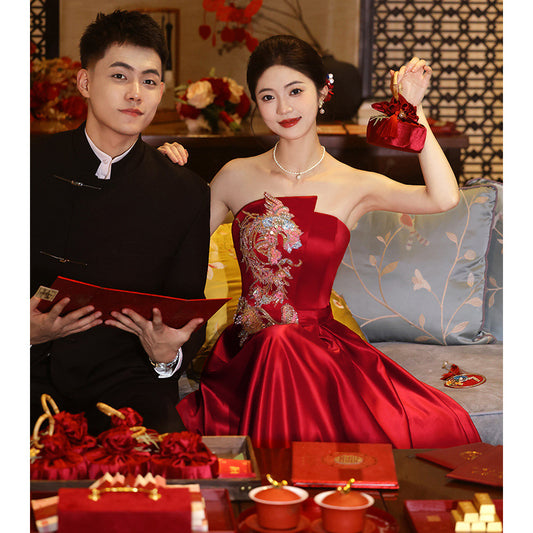 Toast Dress Bride 2024 New Wine Red Engagement Dress Dress Wedding High-Grade Light Luxury Satin Tube Top