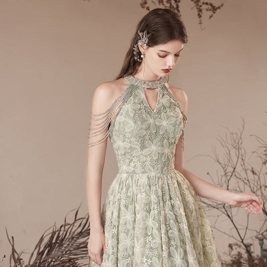 Halter Evening Dress 2024 New Printed Lace Toast Dress Bride Marriage Engagement Long Dress Elegant Slimming Green