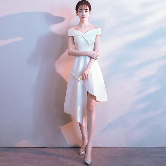 White Little Dress 2024 New Off-Shoulder Mid-Length Elegant Fashion Slim Fit Host Party Gathering Annual Meeting