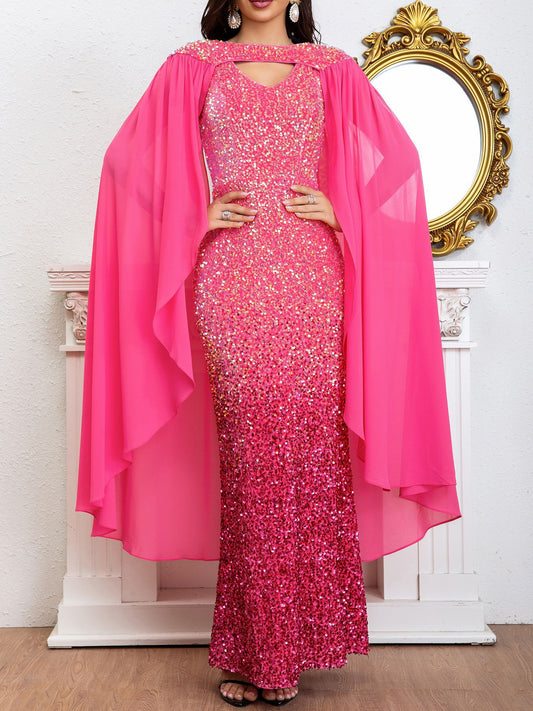 European and American Evening Dress Sequined Halter with Shoulder Sleeves Party Dress One-Step Dress Long Dress Elegant Dress Dress
