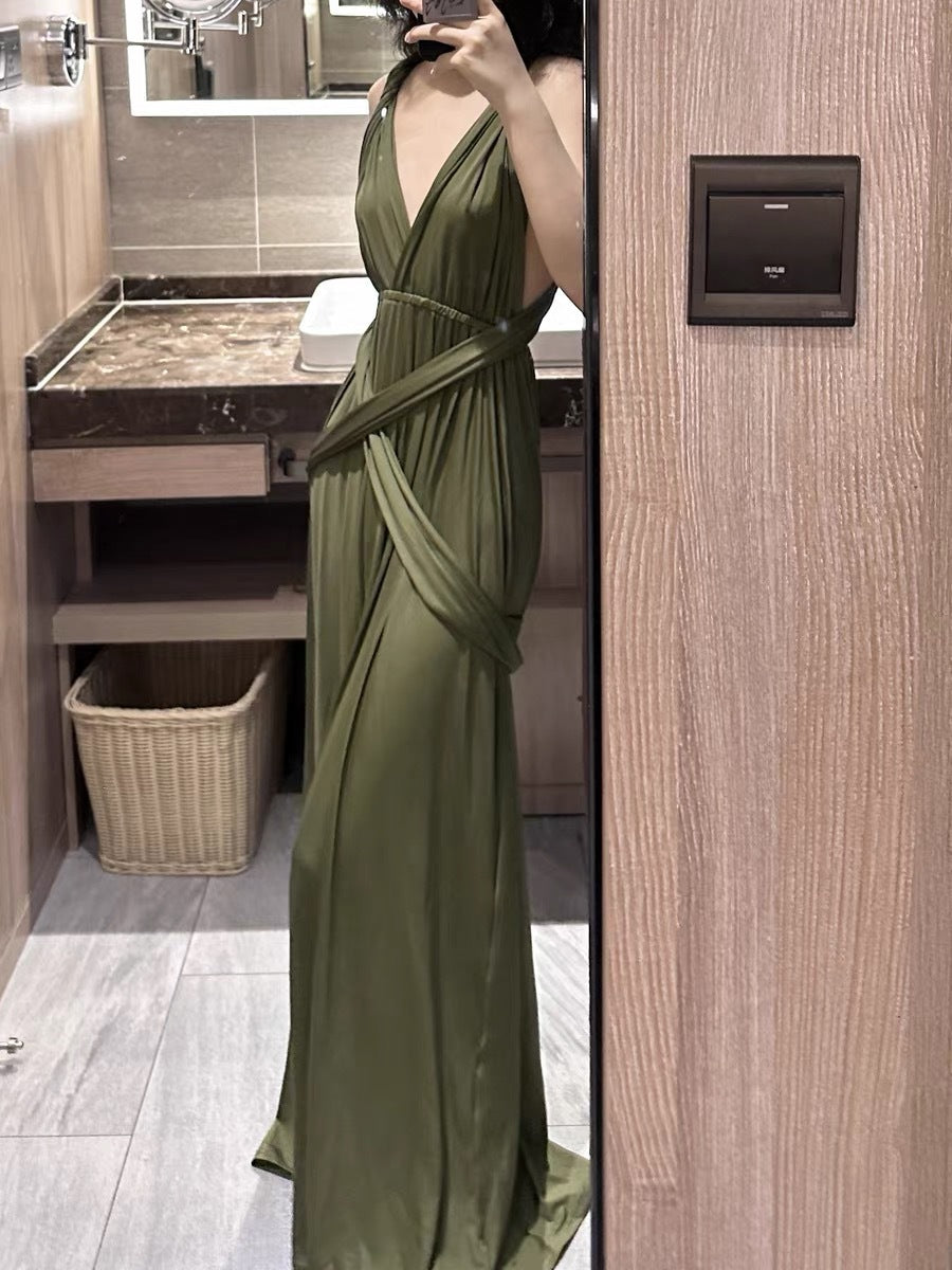 French Style High-Grade High-Cold Adult Lady like Woman Style Halter Dress Green Evening Dress High-End Affordable Luxury Niche Dress Summer