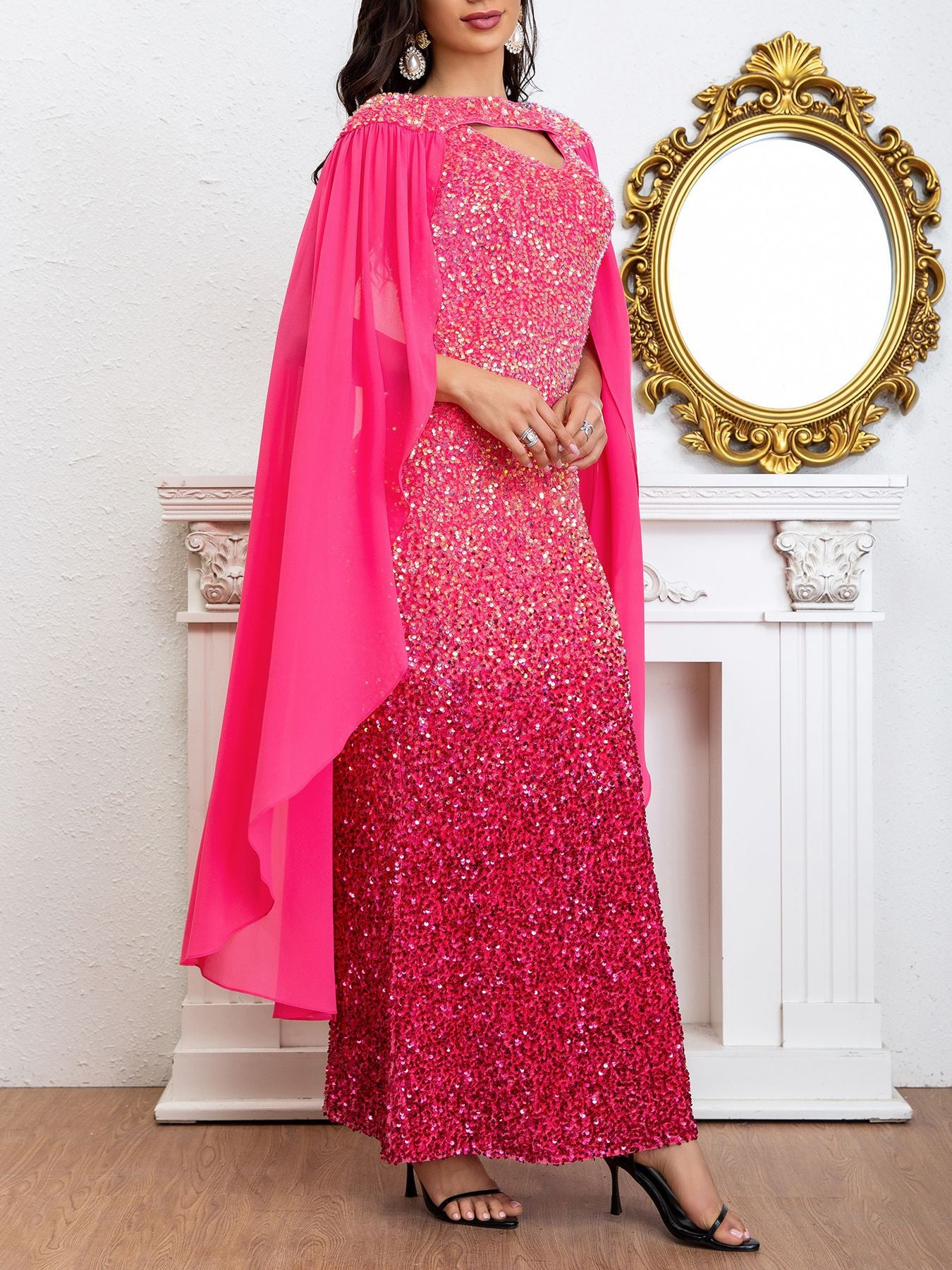 European and American Evening Dress Sequined Halter with Shoulder Sleeves Party Dress One-Step Dress Long Dress Elegant Dress Dress