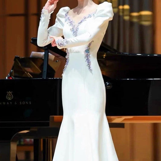 Evening Dress for Women 2024 New Banquet High-Grade White Formal Dress Light Luxury Minority Art Exam Host Fishtail Dress