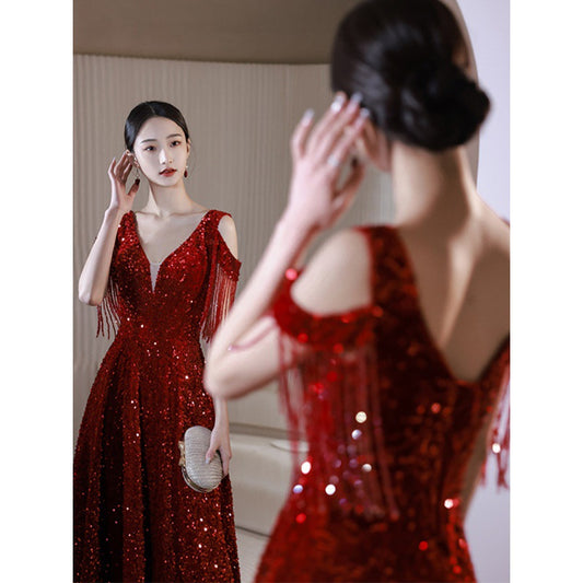 Red Toast Dress 2024 New Bridal High-Grade Engagement Dress Wedding Banquet Sequins Annual Party Evening Dress Women's Spring