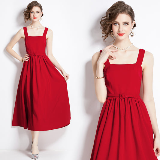 Real Shot Spot 2024 Spring New Sleeveless Waist Slimming Red Dress Large Swing Sling Dress