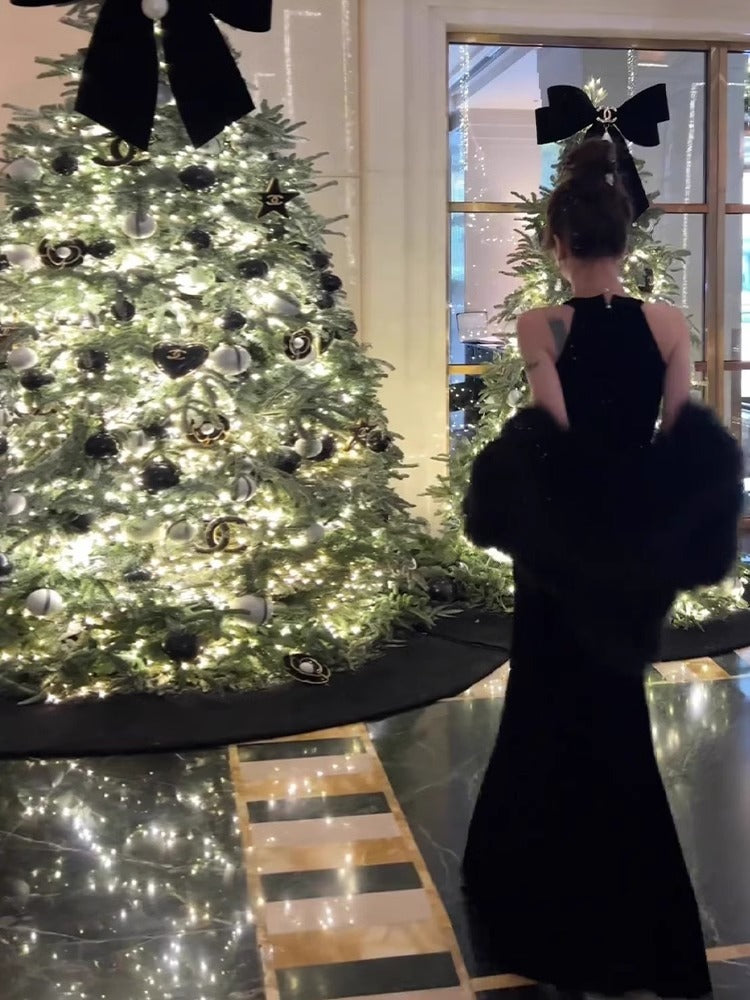 Evening Dress Light Luxury Minority High-End Temperament Socialite Hepburn Wind Black Pure Desire Split Sexy Halter Dress