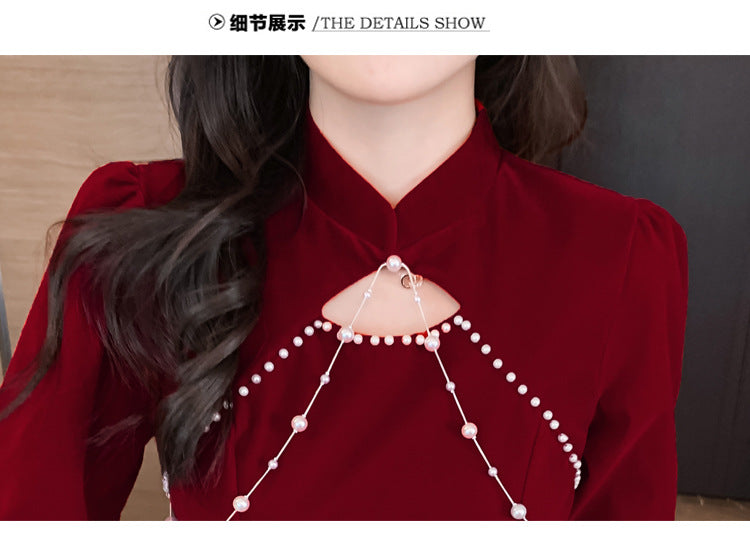 French Toast Dress Bride Engagement Autumn Evening Dress Female Wine-Red Cheongsam Fitted Chinese High-Grade Autumn and Winter