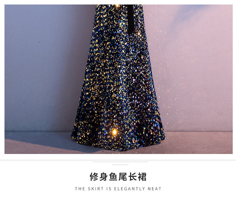 Black Evening Dress Women's Fishtail Elegant Annual Meeting Host Banquet Dress, New Summer 2024