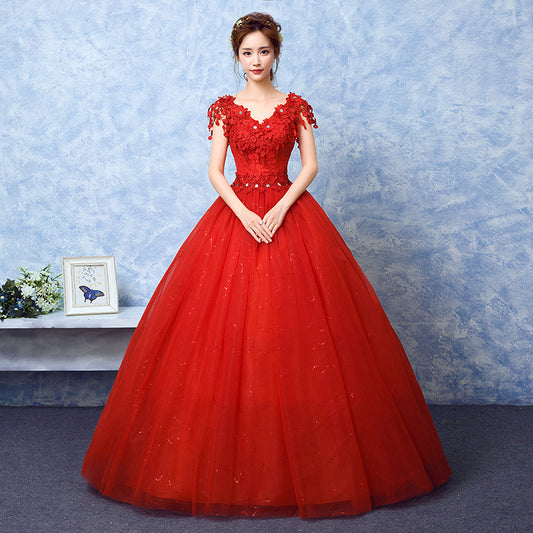 Prom dress gala Starry Sky Red Light Primary Wedding Dress Floor-Length V-Collar Slimming Small Bride 2022 New Female plus Size H8992