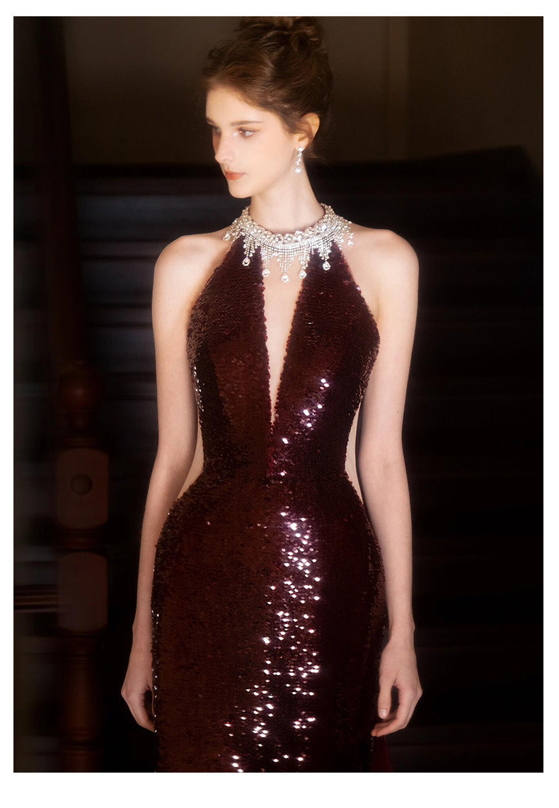 Sequined Toast Dress for Bride Wine Red Engagement Banquet Temperament Long Halter-Style Heavy Work Fishtail Evening Dress for Women