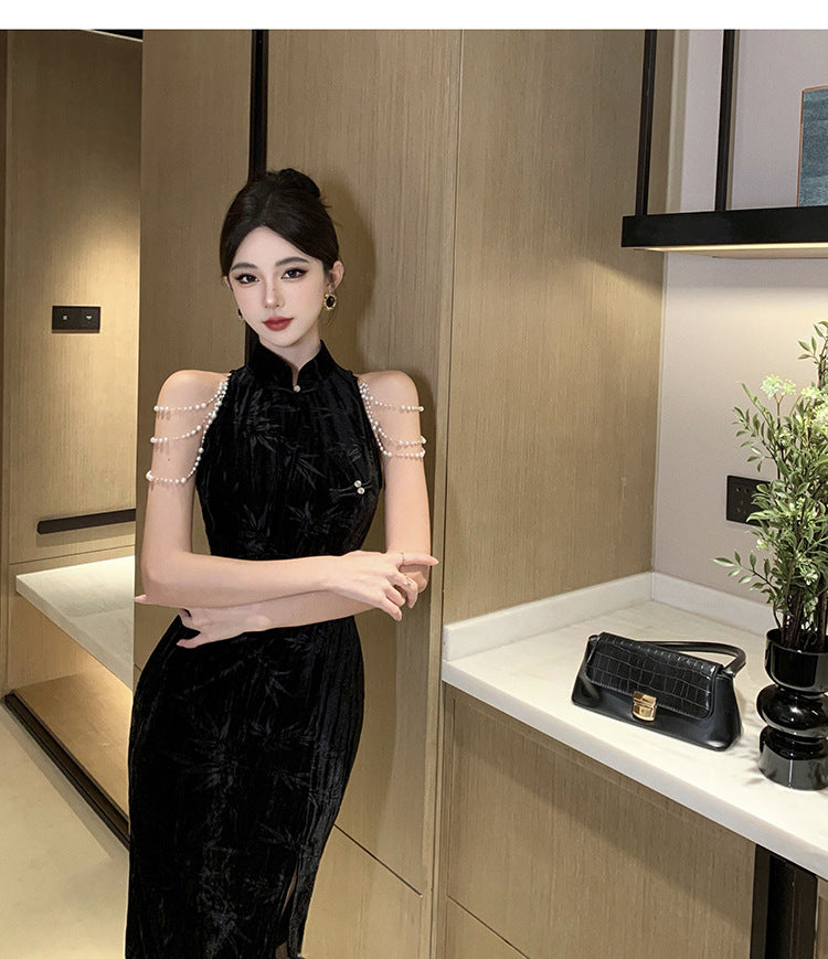 6065 Real Shot Spot New Elegance Retro National Style Velvet Pearl Slim Sheath Split Cheongsam Dress