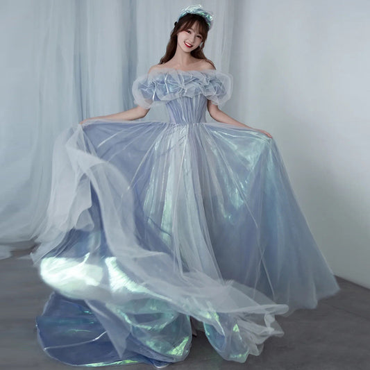 Haze Blue Fairy Evening Dress for Women Banquet Host Socialite Birthday New Elegant Dignified Evening Party Dress