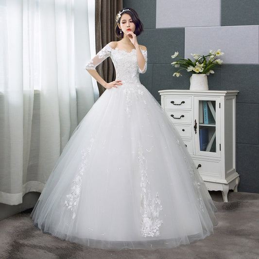 Wedding Dress 2024 New Summer Korean Style off-Shoulder Bride Wedding Floor-Length White Lace plus Size Slim Slimming Wedding Dress