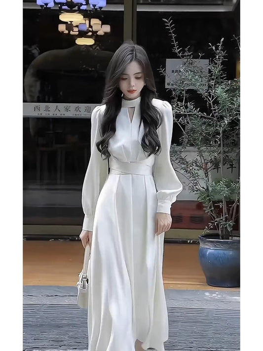 French Style White Long Sleeve Dress Women's Autumn and Winter Formal Occasion Light Luxury Dress Light Luxury Temperament Pure Long Skirt