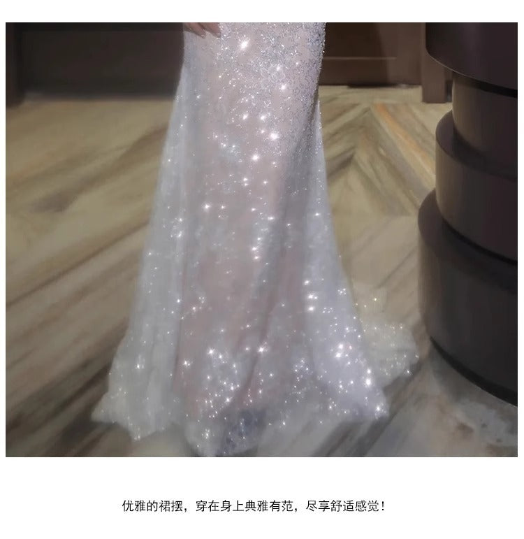Fishtail Light Wedding Dress Long Sleeve Bridal High-End Welcome Yarn Sequins Mori Style Socialite Light Luxury Banquet Host Dress