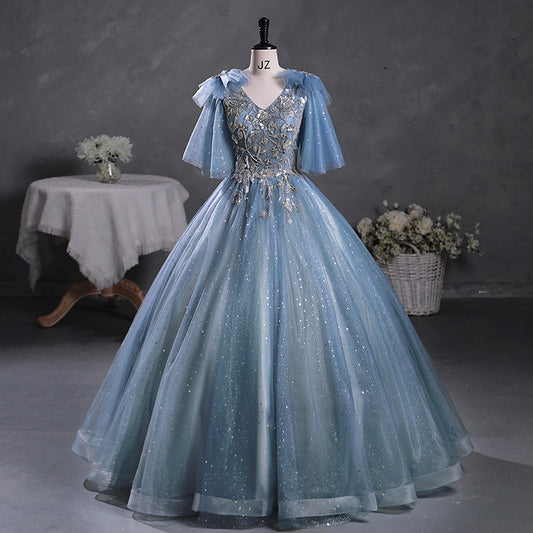 Gray Blue Long Solo Performance Pettiskirt Student Vocal Music Art Test Performance Dress Annual Meeting Host Evening Dress