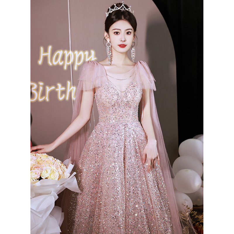 Pink Evening Dress 2024 New Fairy Temperament Banquet Birthday Graduation Adult Princess Engagement Dress Factory Supply