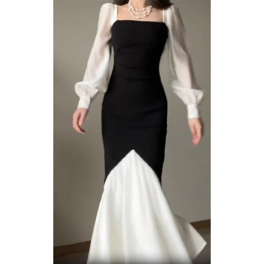 French Square Collar Color Contrast Patchwork Dress Women's Elegant Early Spring and Autumn New Slim Fit High Waist Fishtail Long Skirt Fashion