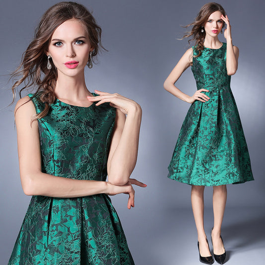 Real Shot Spot New Elegant Slim Waist Floral Sleeveless Vest Jacquard Dress Women