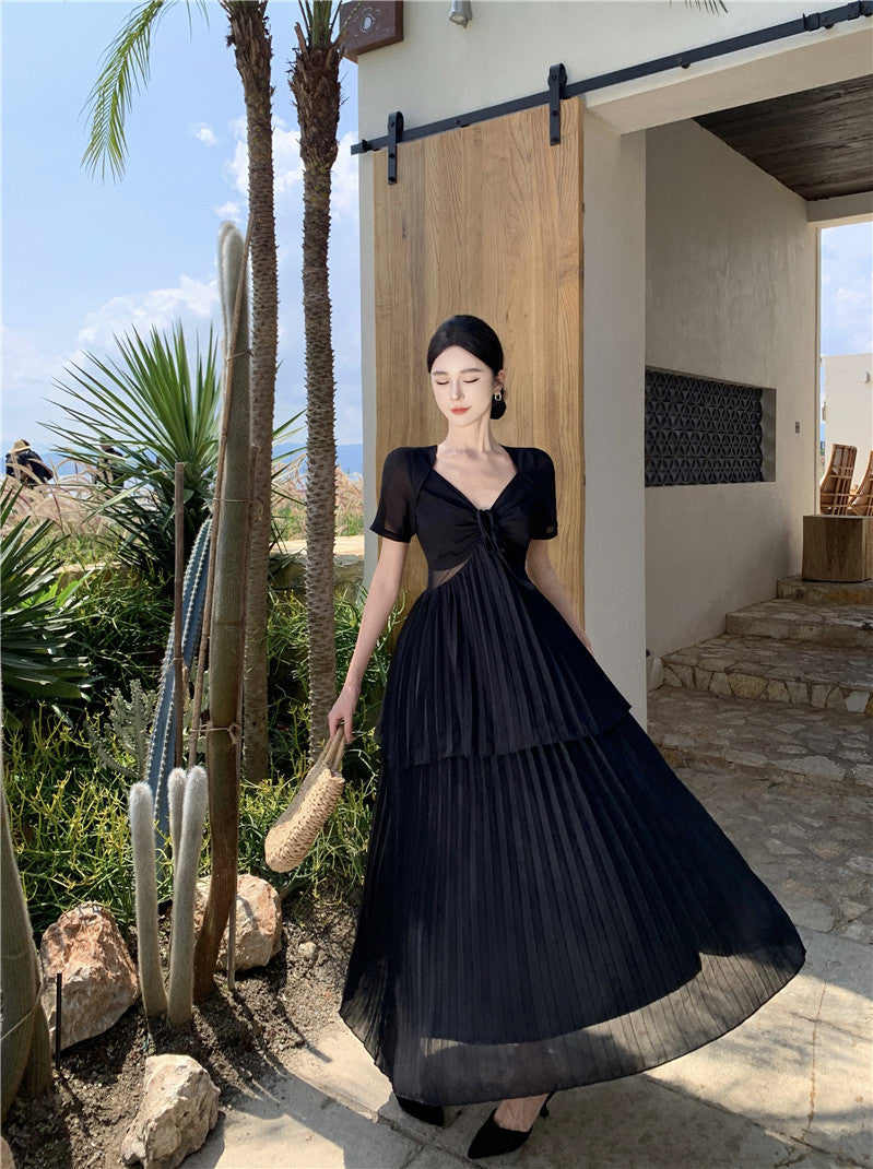 French Style Hepburn Black Chiffon Dress Light Luxury Temperament V-neck Mesh Waist-Baring Dress Women's High Sense Formal Dress