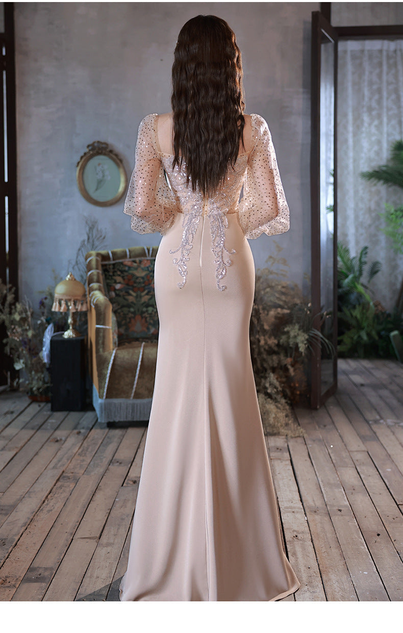 High-End Annual Meeting Long-Sleeved Evening Dress Light Luxury Minority French Socialite Temperament Host High-Grade Fishtail Dress Women