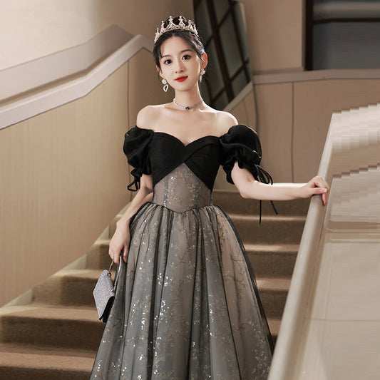 Evening Dress prom dresses French Style Black Hepburn off shoulder ;ace Luxury Birthday Performance Princess Ball gown H2930