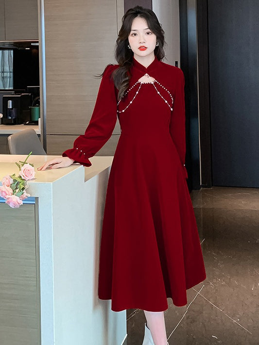 French Toast Dress Bride Engagement Autumn Evening Dress Female Wine-Red Cheongsam Fitted Chinese High-Grade Autumn and Winter