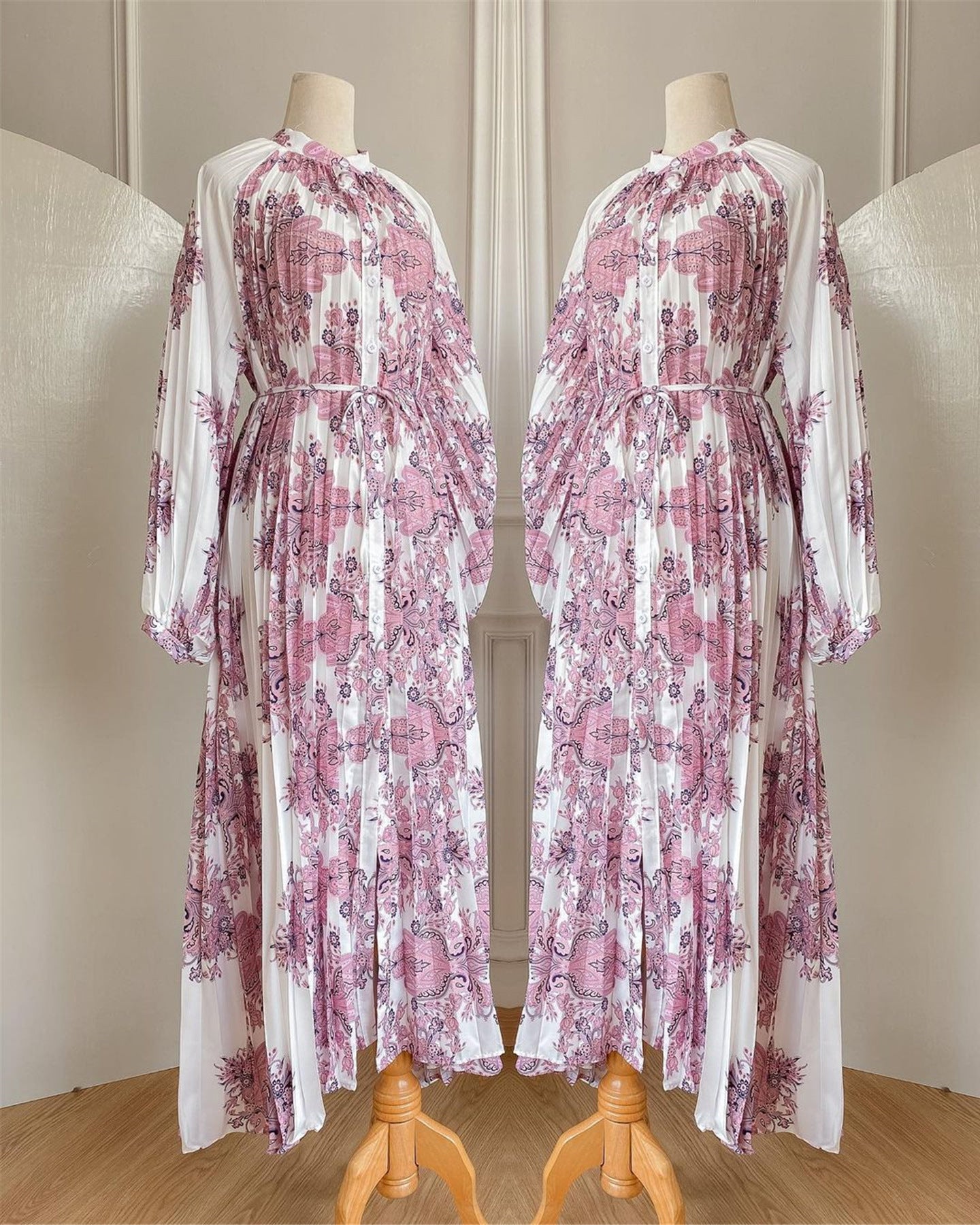 M201# Southeast Asia Hot Sale New Printed Long Dress Printed Pleated Lantern Sleeve Loose Casual Robe Dress