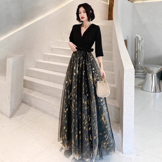 Evening Dress 2024 New Performance Dress Female Dress Black Banquet Skirt Long Atmosphere Queen Birthday Party Dress