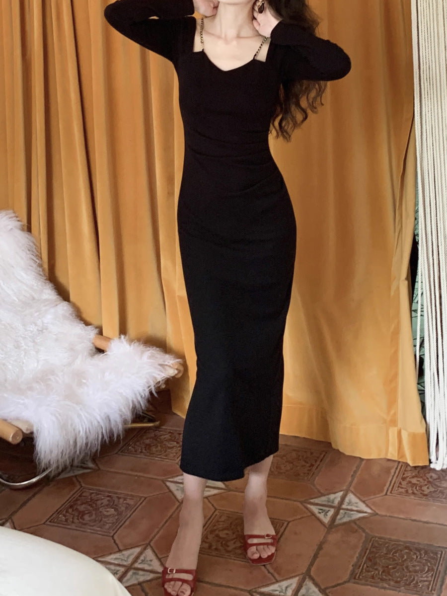 High-Grade French Chain Square Collar Long Sleeve Dress Women's Autumn and Winter New Retro Skinny Slimming Sheath Dress