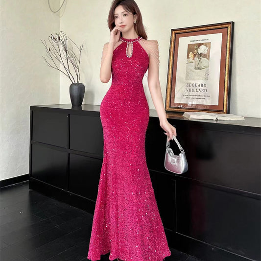 Sequined Velvet Halter Dress Waist Dress Annual Meeting Sexy Sheath Fishtail Skirt 2024 New Chic